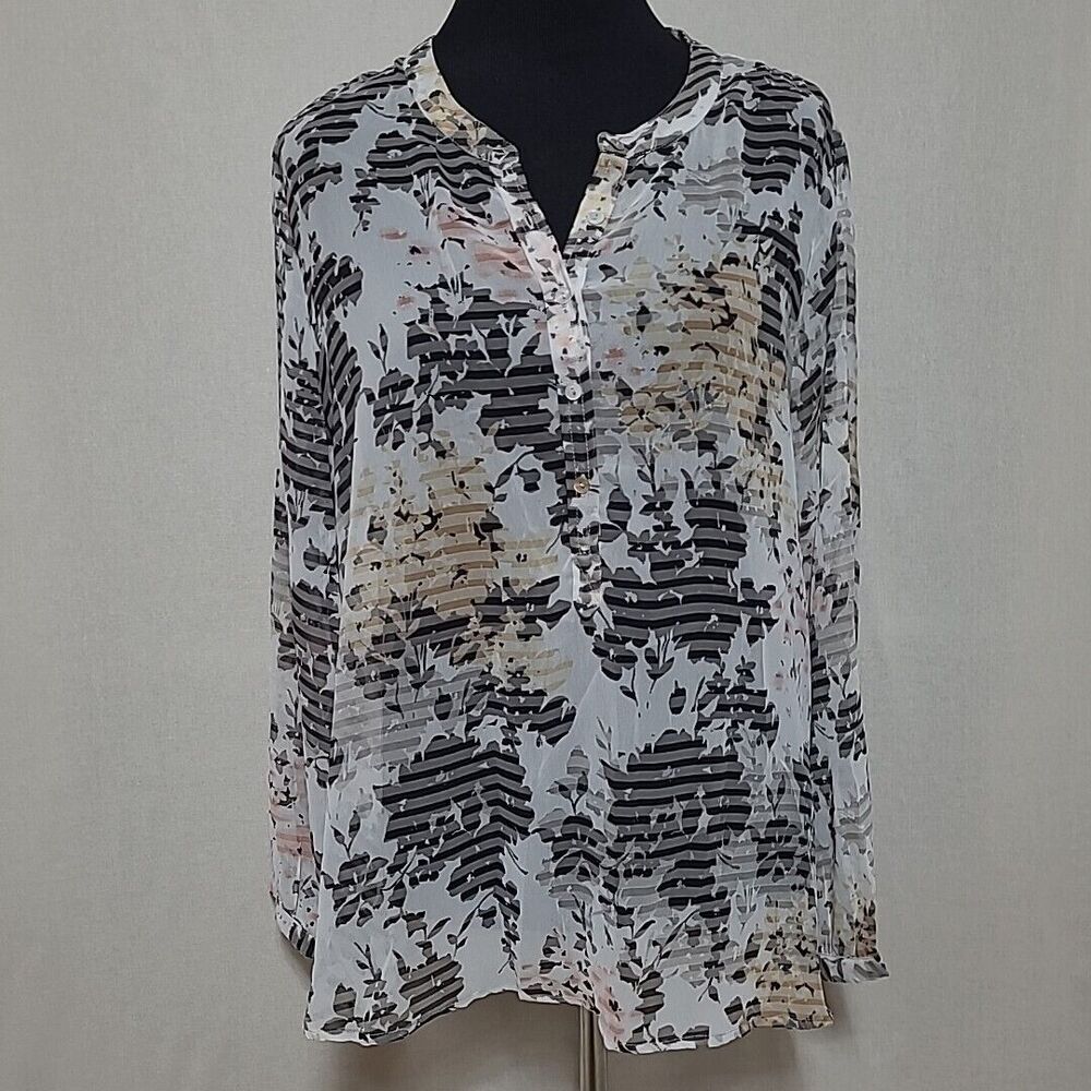 NEW Paradigma Stitch Fix Womens XL Sheer Floral Henley Blouse Off White